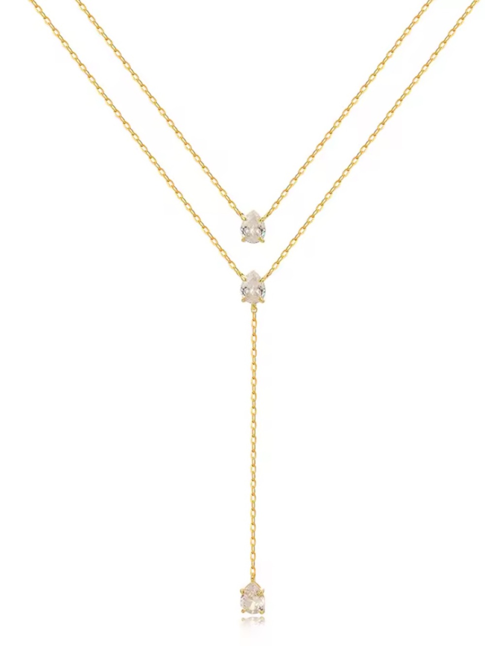 Gold Y-Lariat Necklace with Clear Stone Accents - Gold